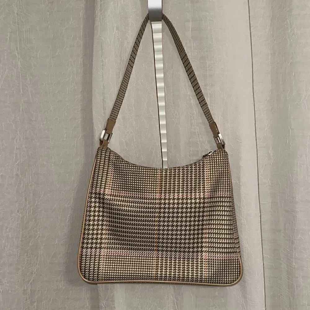 LRL Ivory Tan White Pink Gold Houndstooth Leather Silver Tone Hardware Hobo Bag - Picture 4 of 16